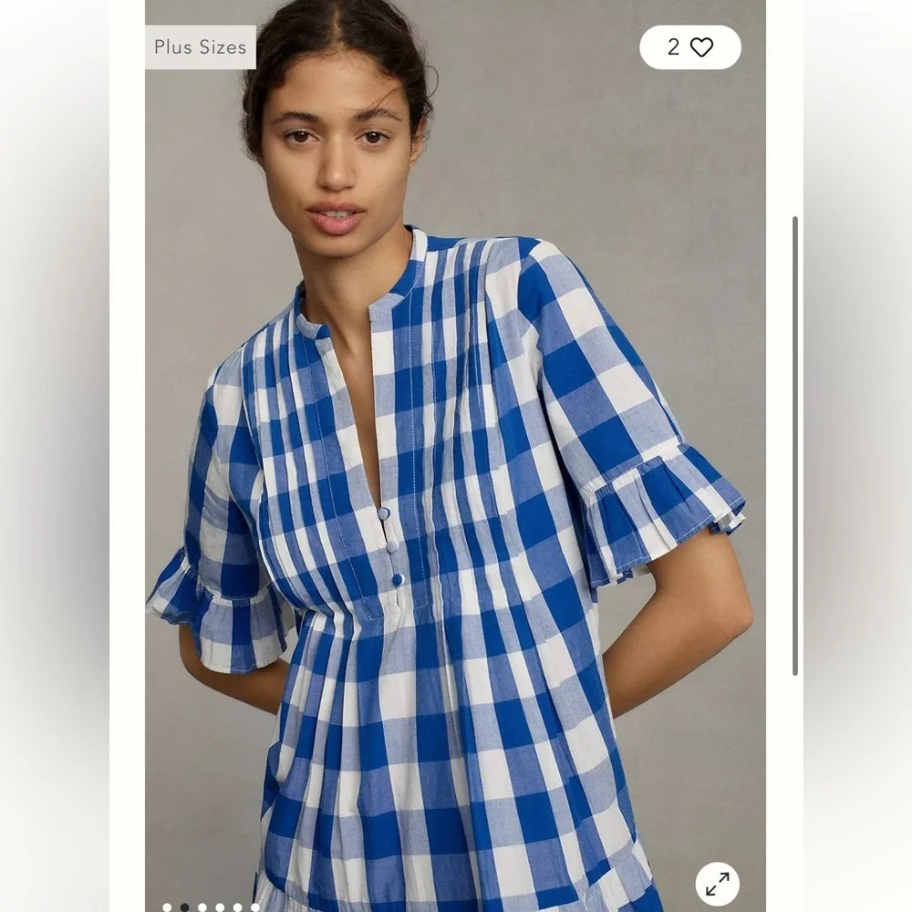 Anthropologie Whit Two Blue and White Pleated Puff Sleeve Gingham Dress - Picture 2 of 10